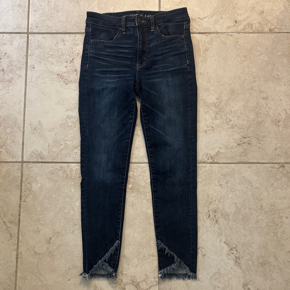 American Eagle Outfitters Dark Indigo Skinny Jeans with Criss-cross Frayed Ankle